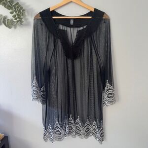 Alfani Black Mesh Embroidered Tunic Swim Cover Up V-Neck Size 1X Fairy Goth